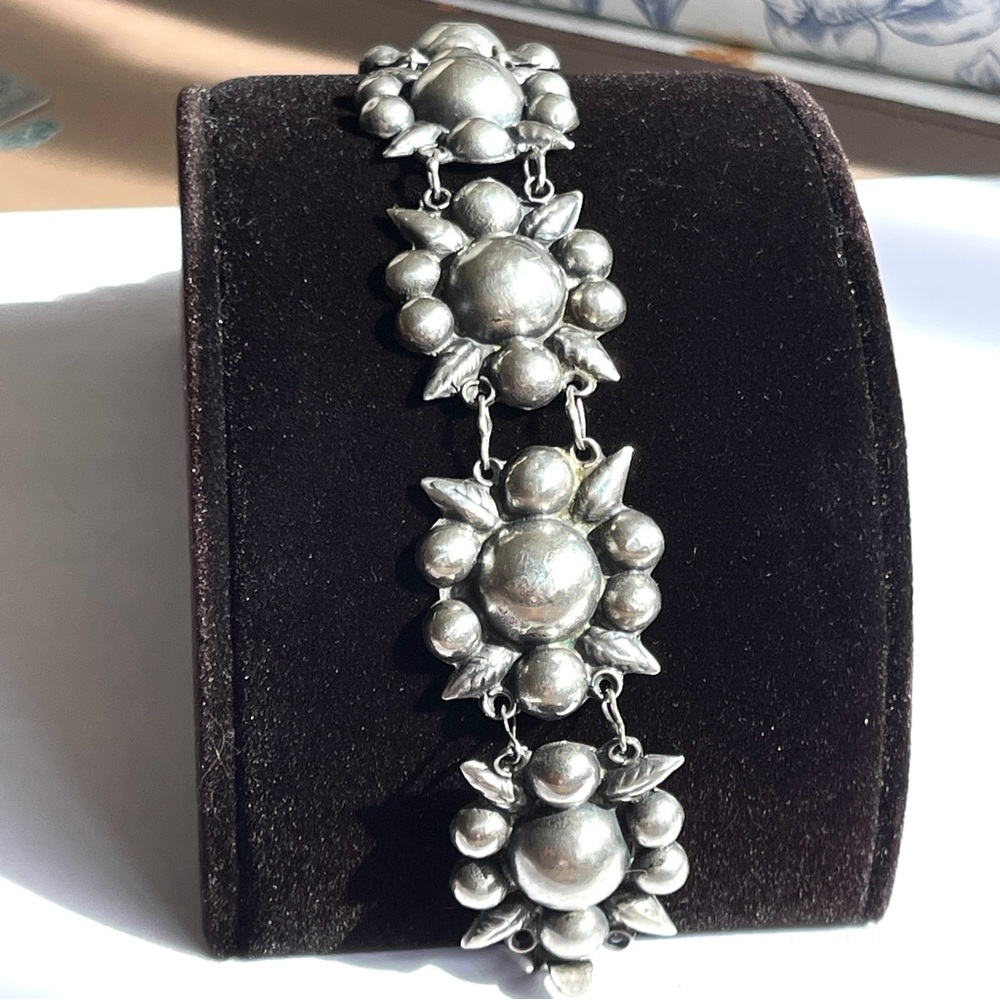 Sterling-Style Floral Cluster Link Bracelet - Silver